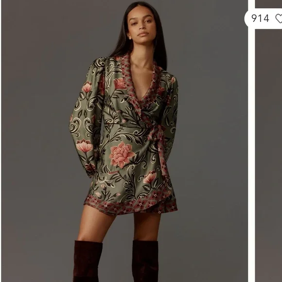 FARM RIO ANTHROPOLOGIE NWT Arabesque Long Sleeve Wrap Mini Dress XS Floral Print - Picture 3 of 12